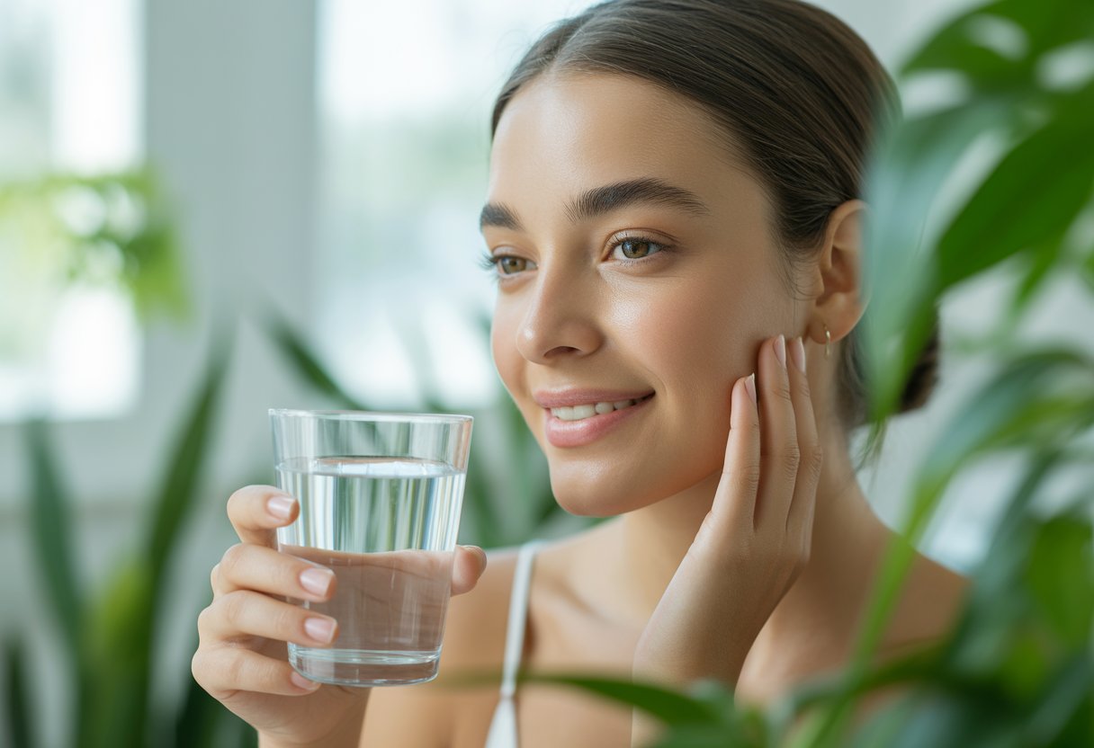 A young woman with clear skin holding a glass of water surrounded by green plants and natural light.