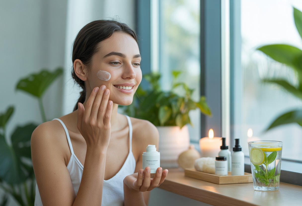 A young woman applying facial serum in a bright bathroom with plants, candle, and skincare products around her.