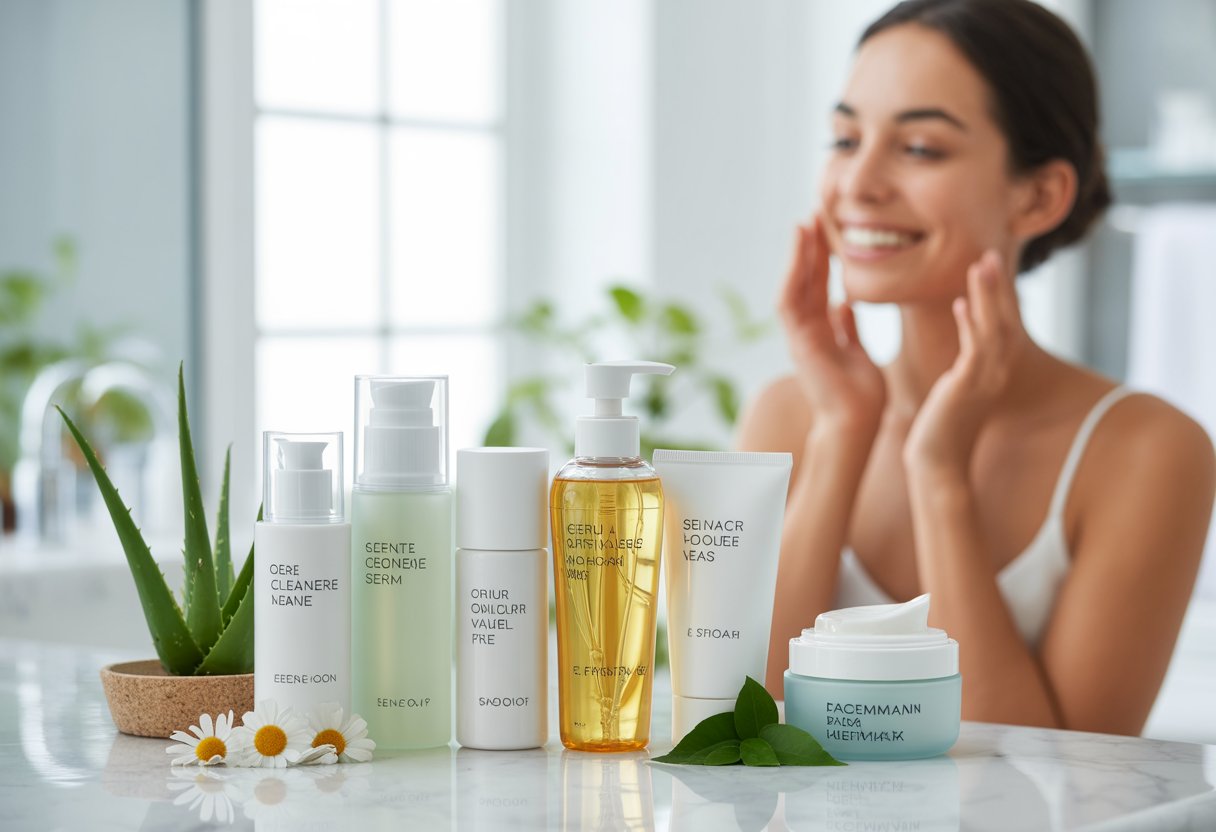 Seven skincare products arranged on a bathroom countertop with a person gently touching their clear skin in the background.
