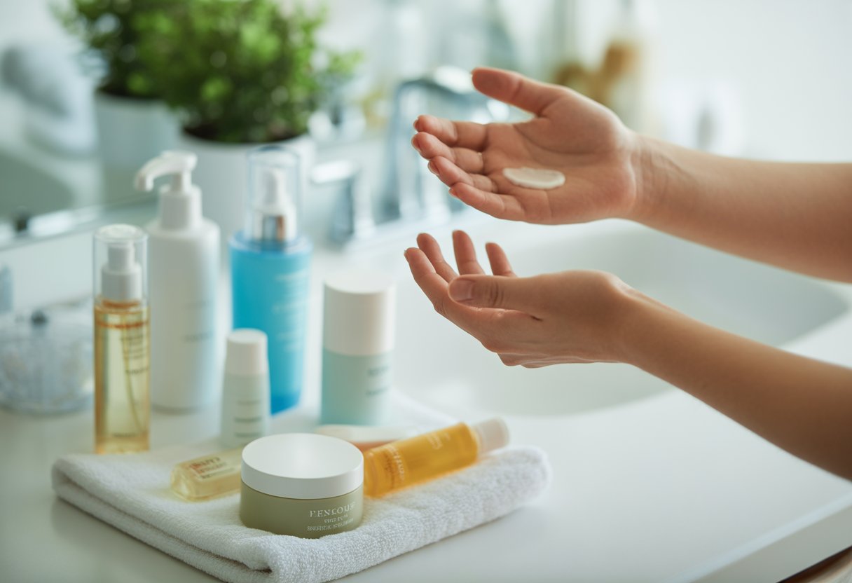 Hands applying serum to face with skincare products arranged on a bathroom countertop.