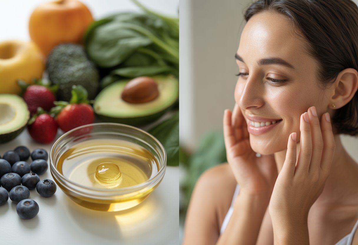 Close-up of fresh fruits and vegetables next to a bowl of glowing skincare serum, with a woman gently touching her healthy, radiant face in the background.