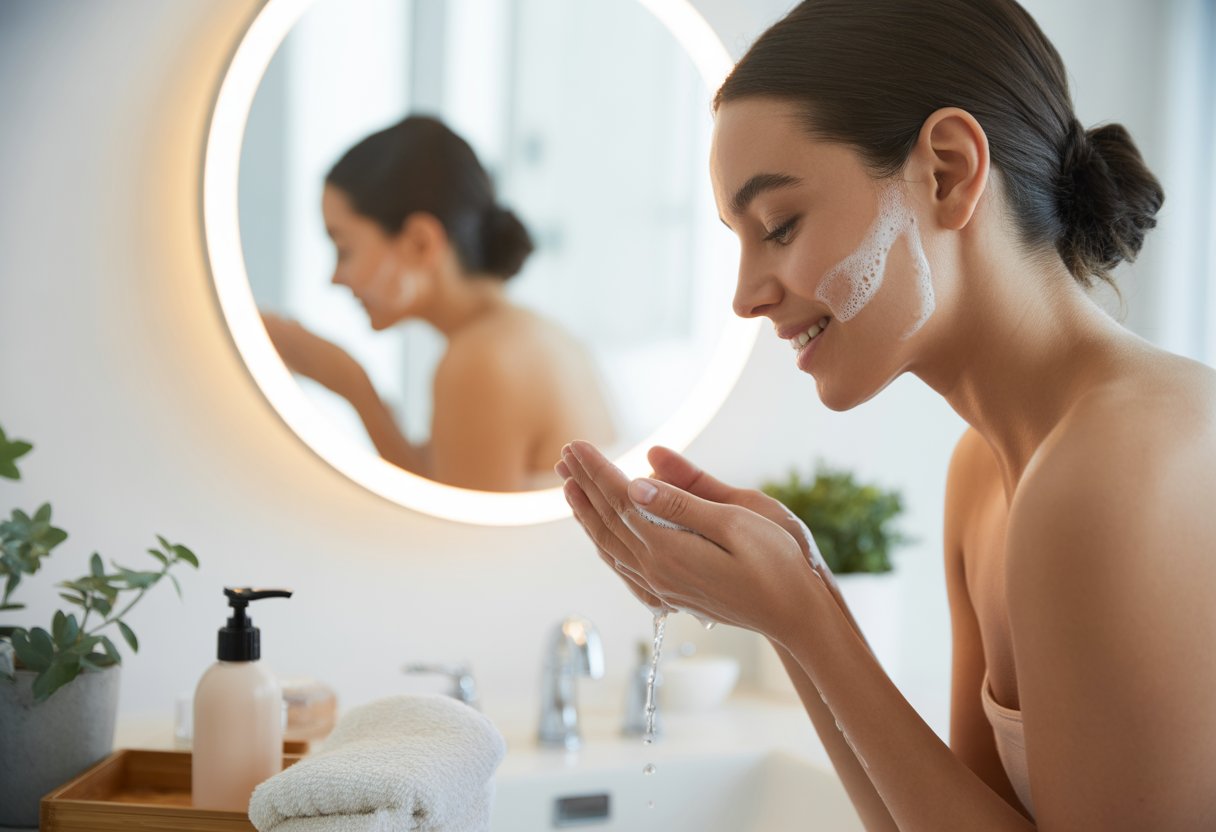 A young woman gently washing her face in a bright bathroom with skincare products on the counter.