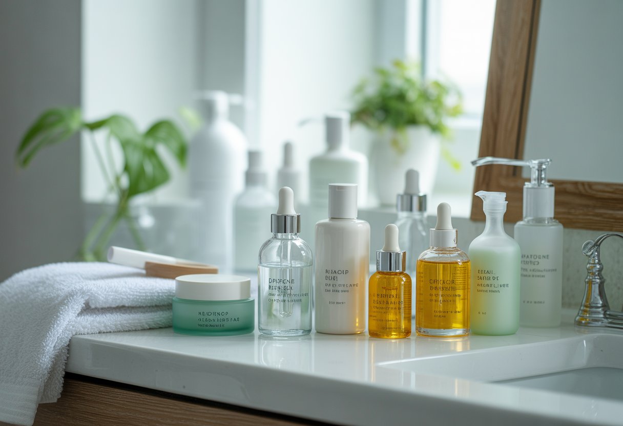 A bathroom countertop with various skincare products, a folded towel, and a small green plant.