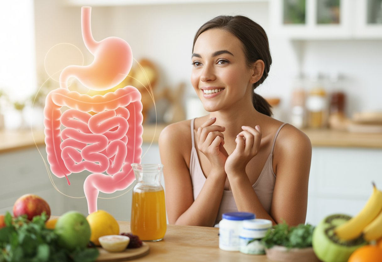 A smiling young woman with glowing skin surrounded by fresh fruits, vegetables, and probiotic foods in a bright kitchen.