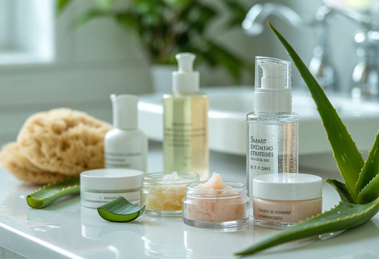 A bathroom vanity with skincare products including exfoliating scrubs, serums, natural sponges, and green leaves arranged neatly under soft lighting.
