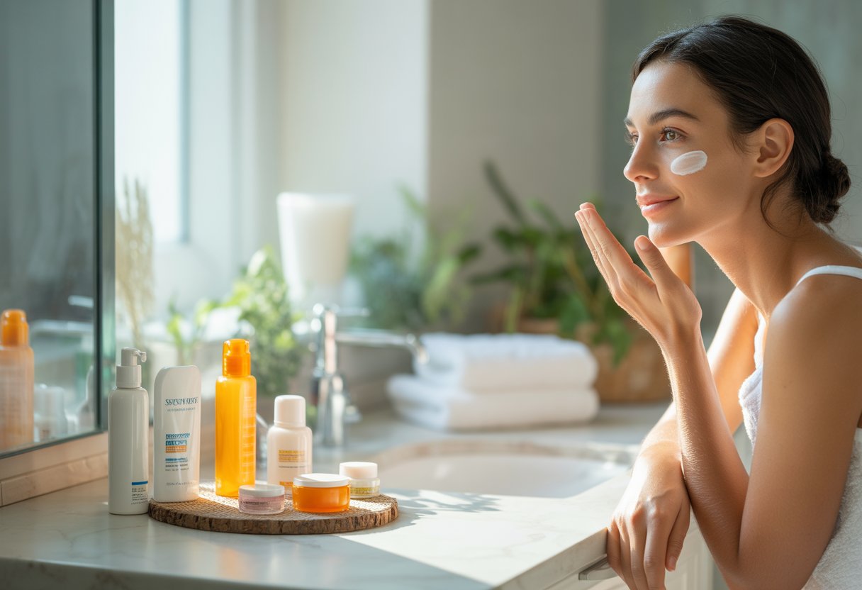 A woman applying sunscreen to her face in a bright bathroom with skincare products on the countertop.