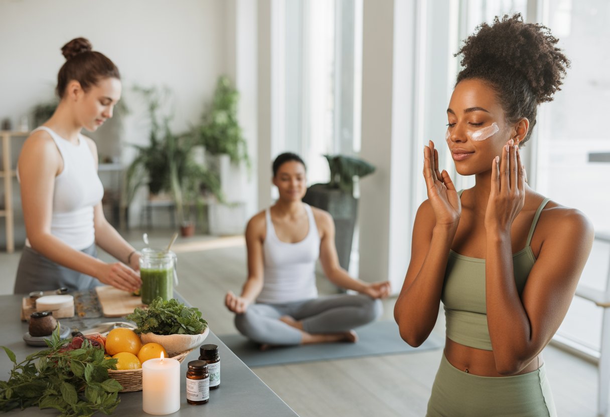 Three adults practicing wellness and beauty routines indoors, including applying moisturizer, meditating, and preparing a green smoothie in a bright, plant-filled room.