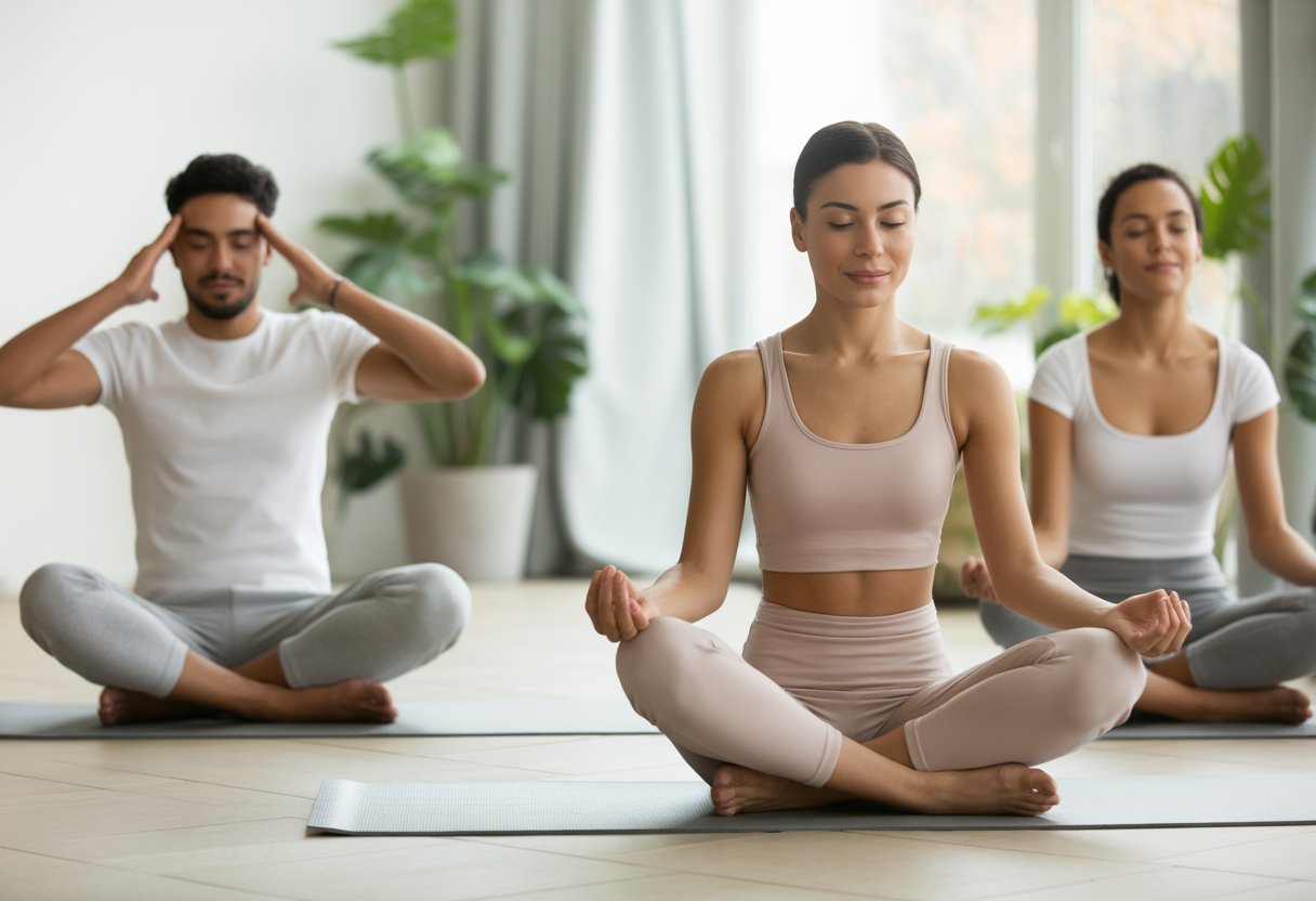 Three adults practicing mindfulness and relaxation indoors, surrounded by plants and natural light, promoting calmness and natural skin glow.