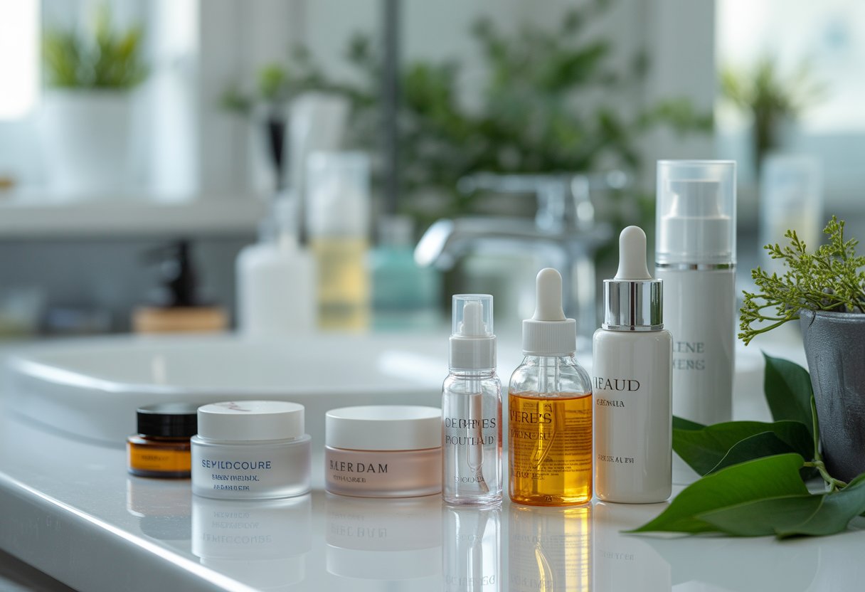 A bathroom countertop with neatly arranged skincare products including bottles, jars, and tubes next to a small green plant.
