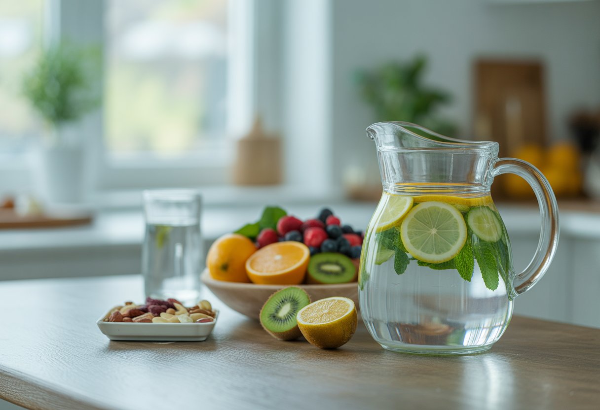 A glass pitcher of infused water with lemon, cucumber, and mint on a wooden table next to a bowl of fresh fruits and nuts in a bright kitchen setting.
