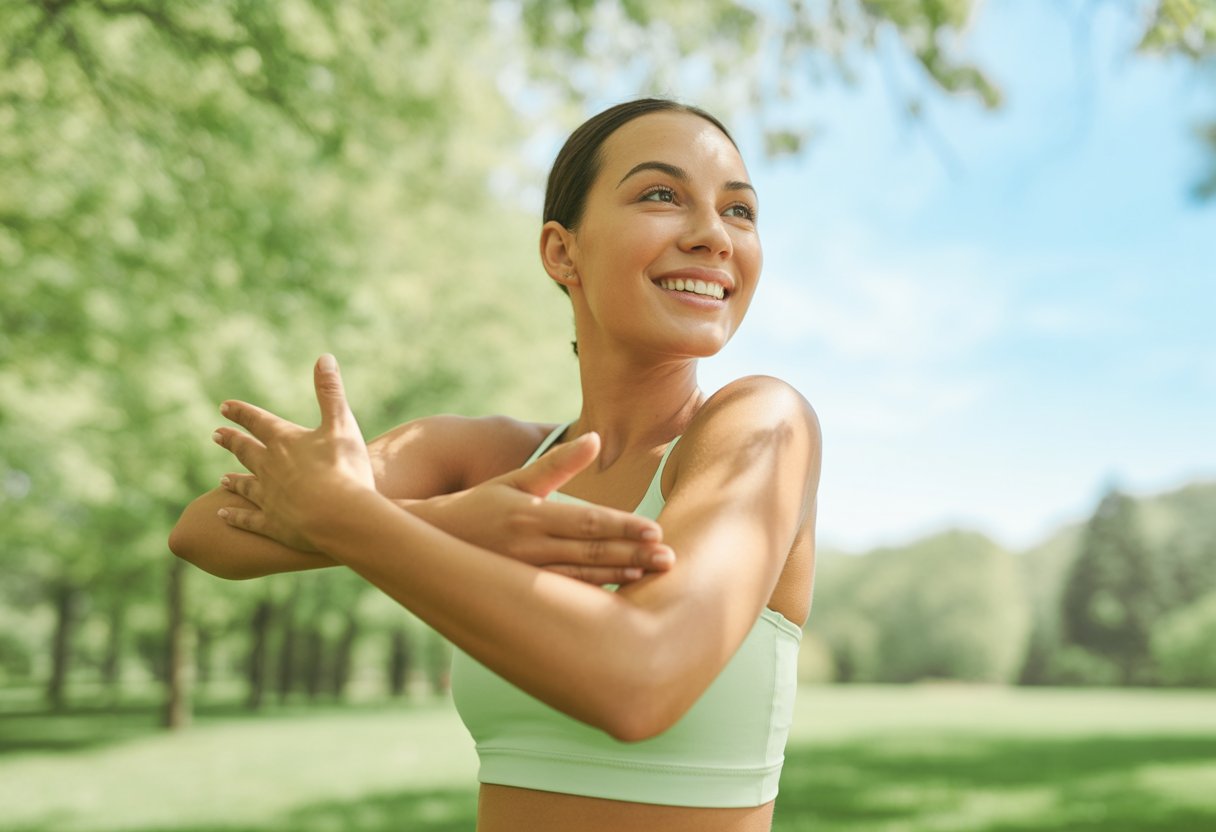 A joyful woman stretching outdoors in a green park with sunlight, showing a healthy glow and vitality.
