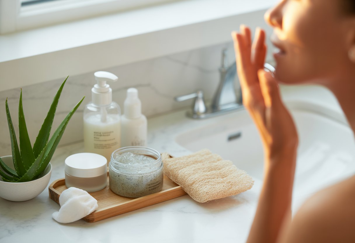 A bathroom countertop with skincare products and a person gently applying exfoliant to their face.