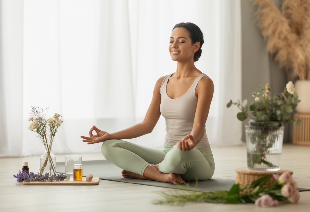 A woman sitting peacefully on a yoga mat in a bright room surrounded by plants and wellness items, practicing mindfulness.