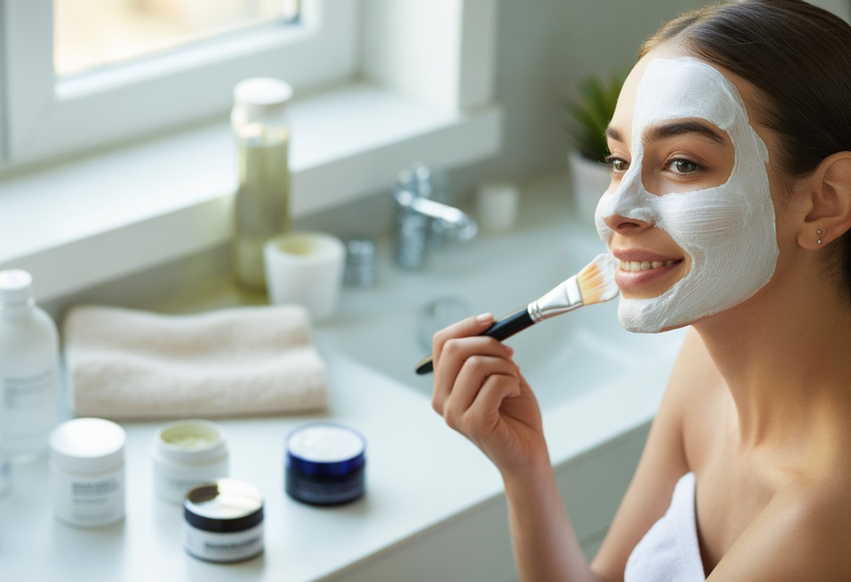 A woman applying a facial mask in a bright bathroom with skincare products on the counter nearby.