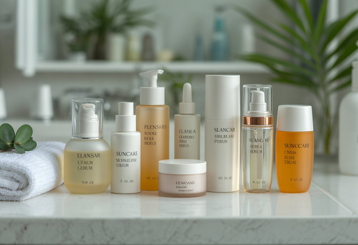 A bathroom countertop with neatly arranged skincare products including cleanser, toner, serum, moisturizer, and sunscreen, alongside a small plant and a folded towel.