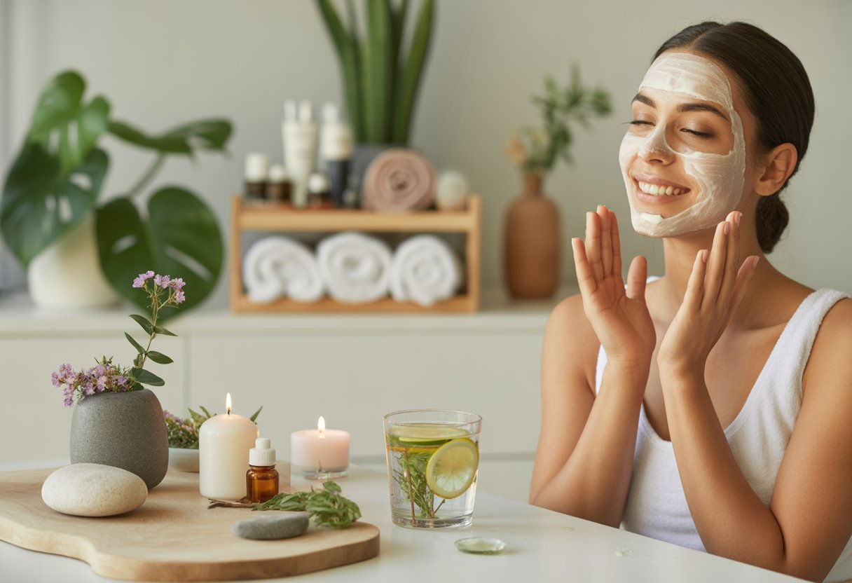 A woman applying a face mask in a bright, calming spa setting surrounded by plants, candles, and skincare products.
