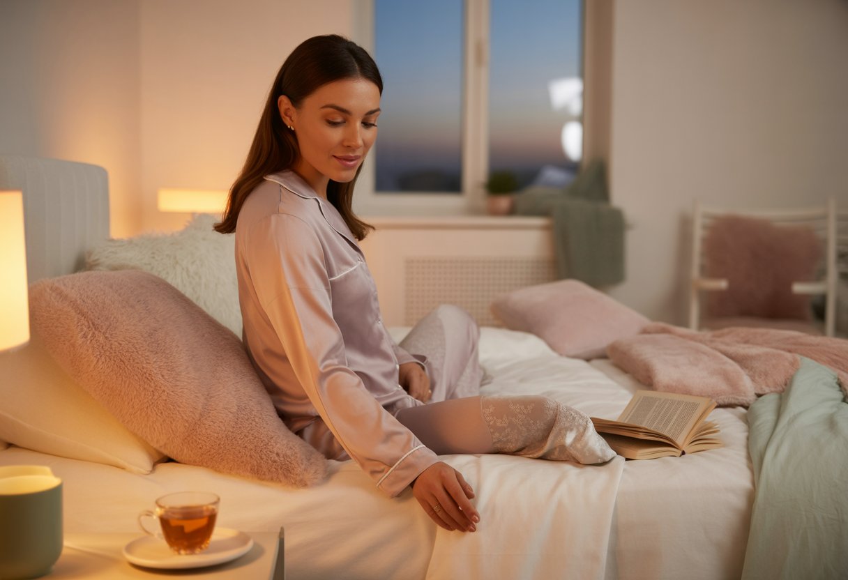 A woman in sleepwear gently dimming a bedside lamp in a cozy bedroom with a cup of tea and a book nearby during twilight.