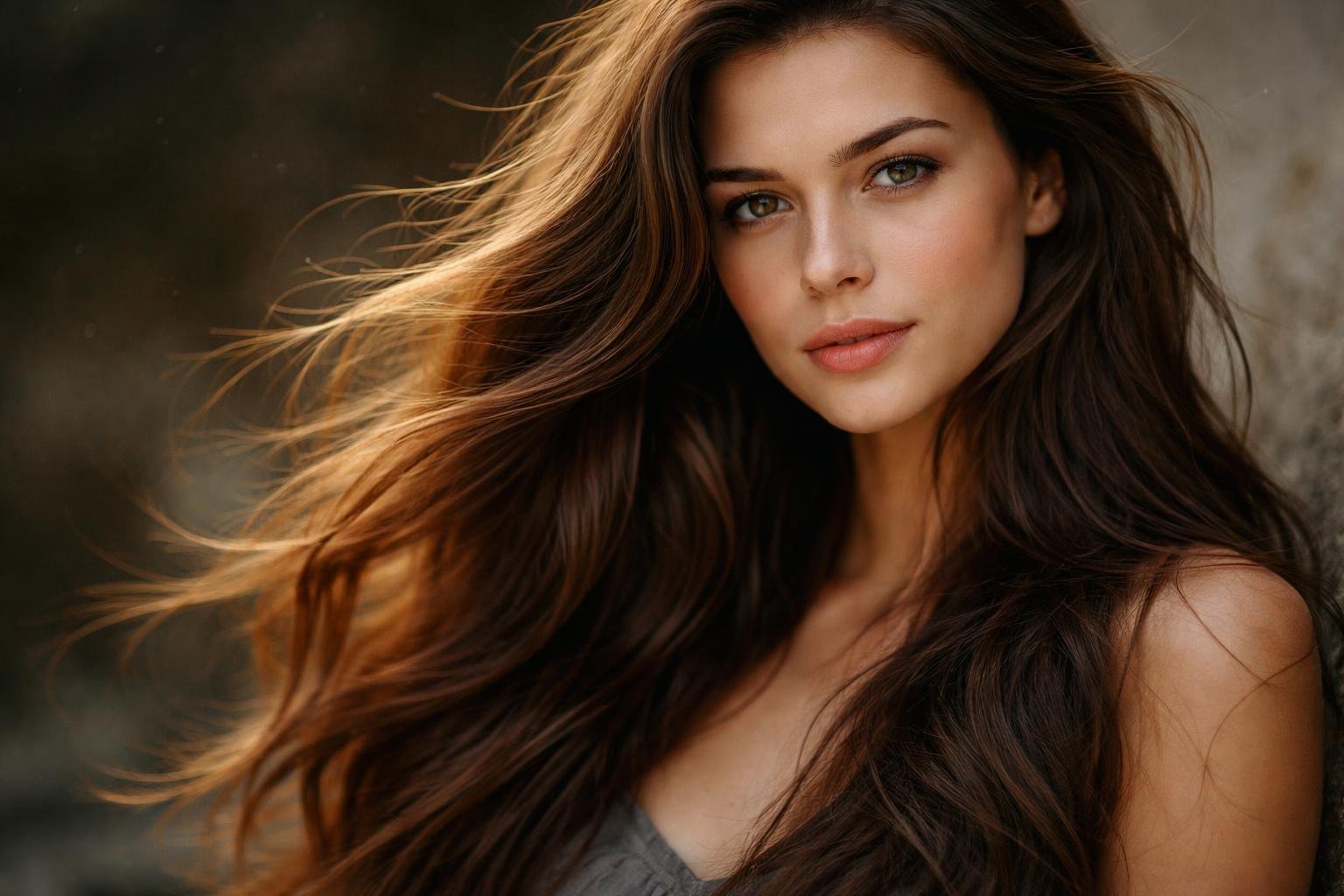 A woman with long, thick hair looking slightly off to the side, with detailed texture and natural lighting highlighting her hair.