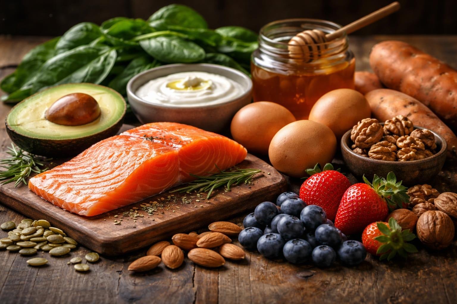 A close-up view of twelve different foods known to boost hair growth, including salmon, spinach, eggs, almonds, avocado, sweet potatoes, pumpkin seeds, Greek yogurt, strawberries, walnuts, honey, and blueberries, arranged on a wooden surface.