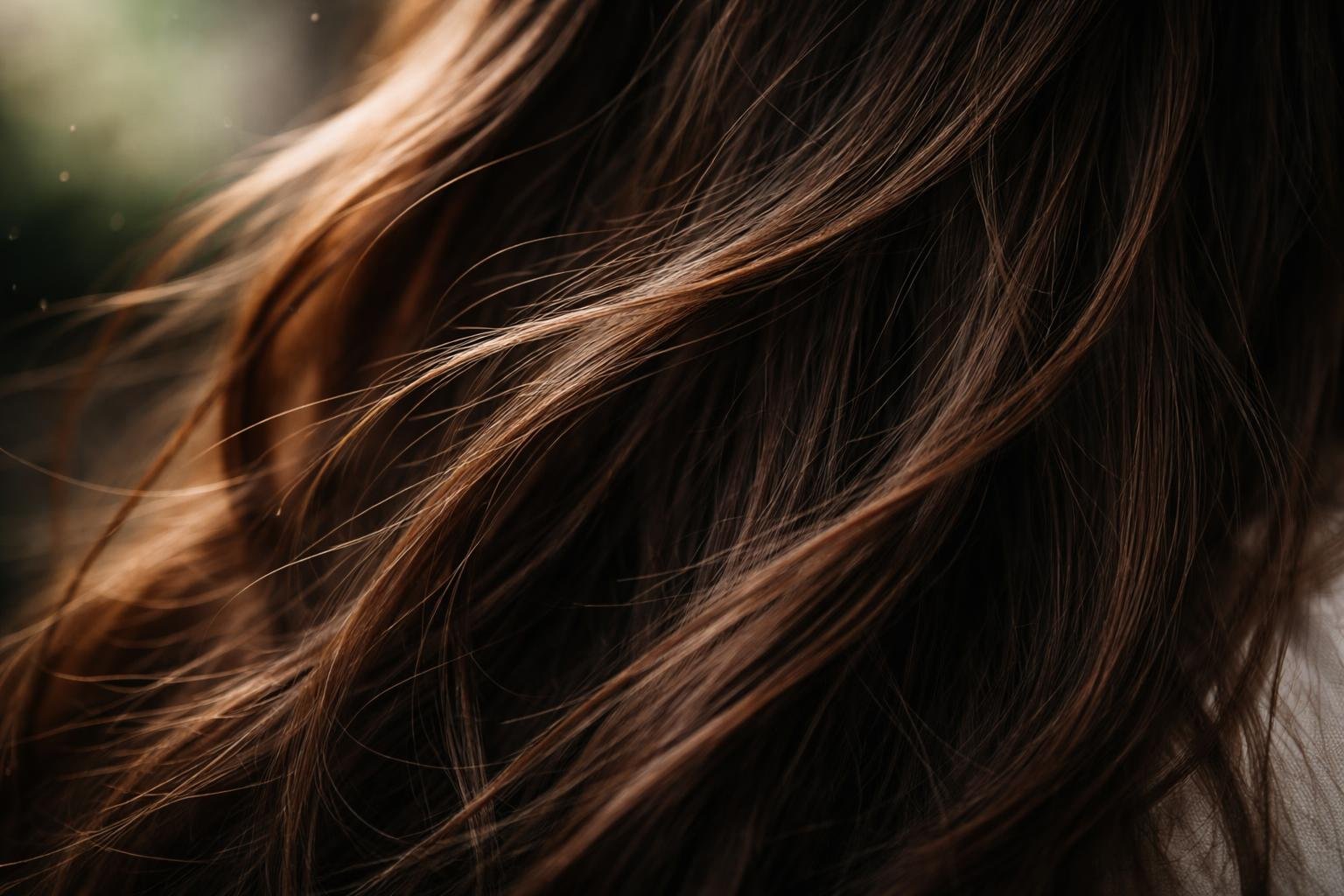 Close-up of long, thick hair strands showing detailed texture and natural imperfections.