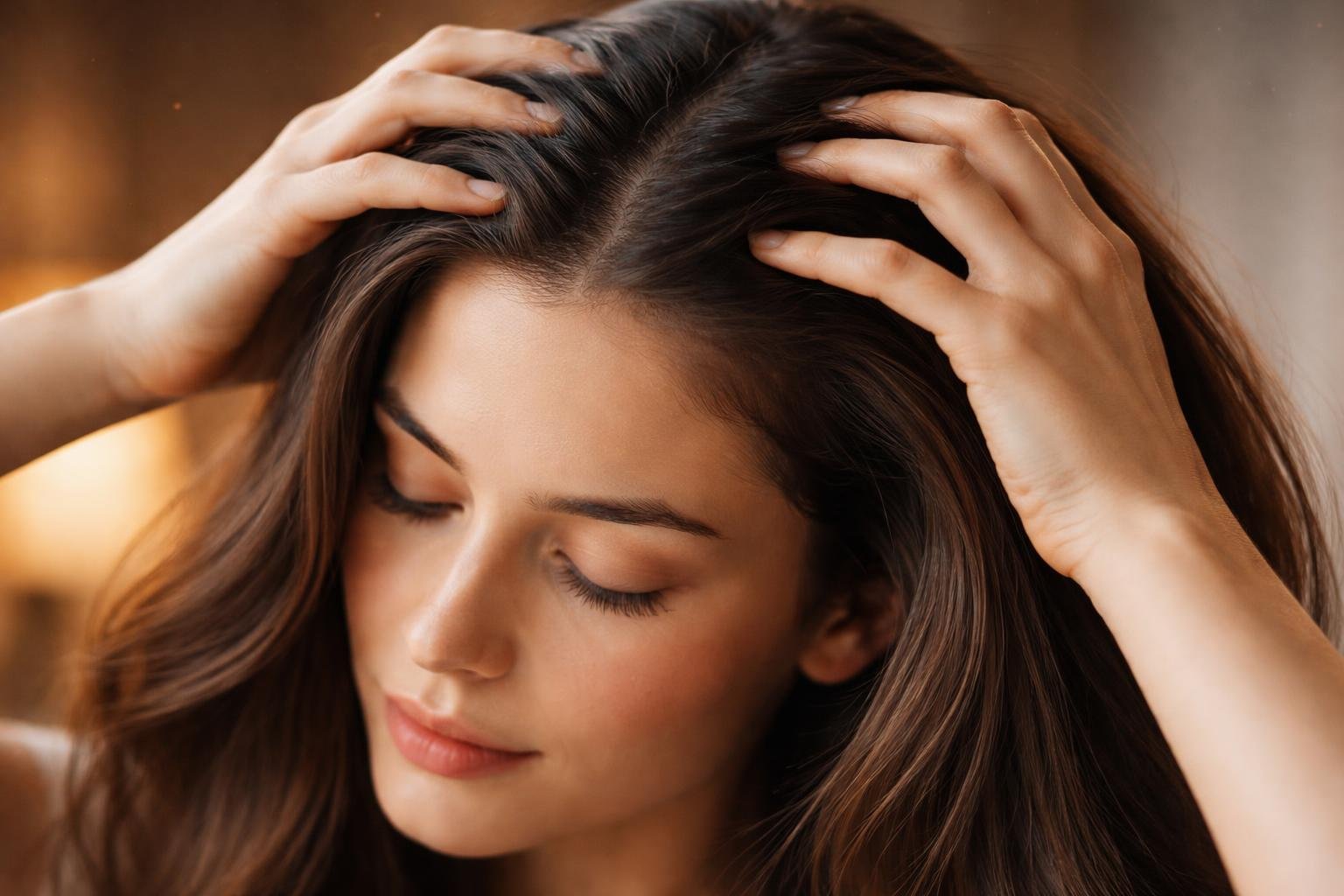 Close-up of a woman gently massaging her scalp with long, thick hair visible.