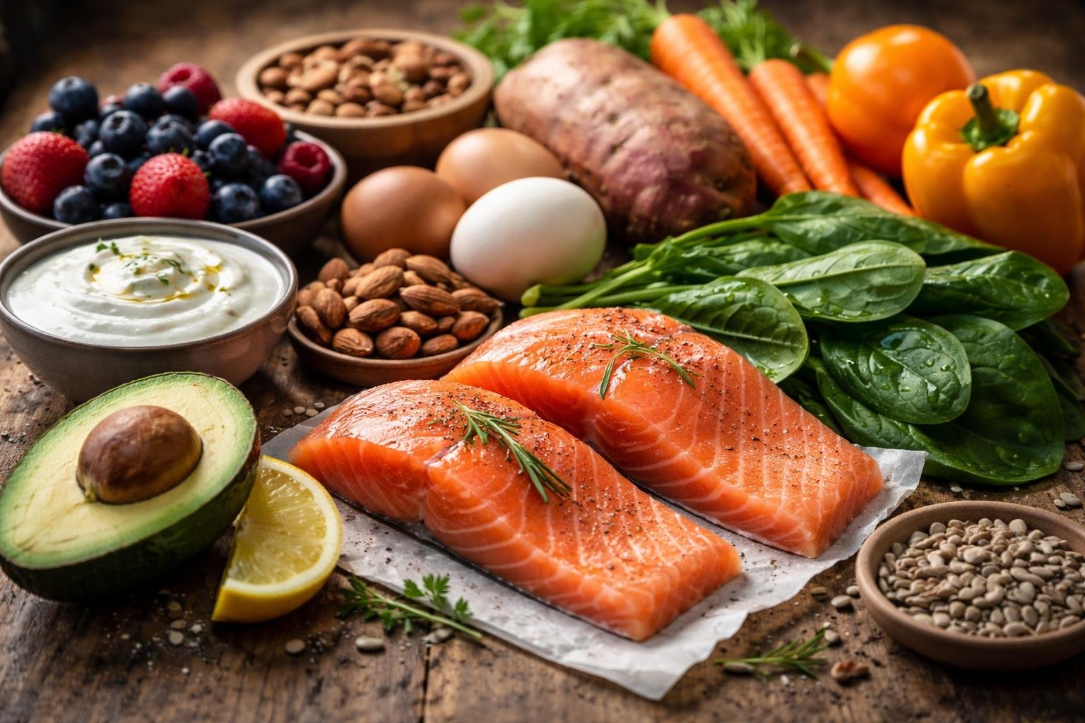 Close-up view of various fresh foods including salmon, spinach, almonds, avocado, eggs, sweet potatoes, berries, walnuts, yogurt, carrots, sunflower seeds, and bell peppers arranged on a wooden surface.