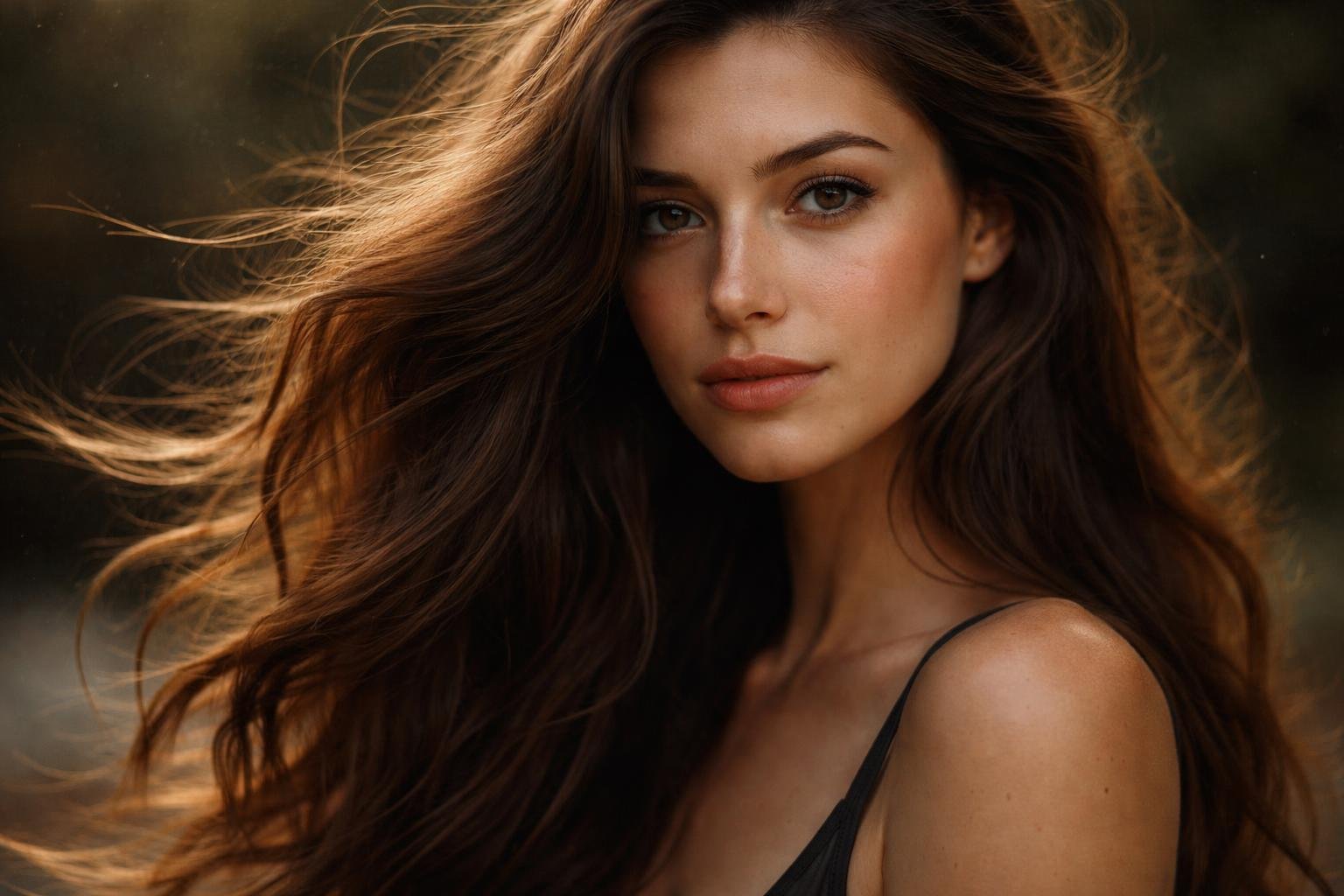 Close-up of a woman with long, thick hair flowing naturally, her face softly lit and hair detailed against a blurred background.