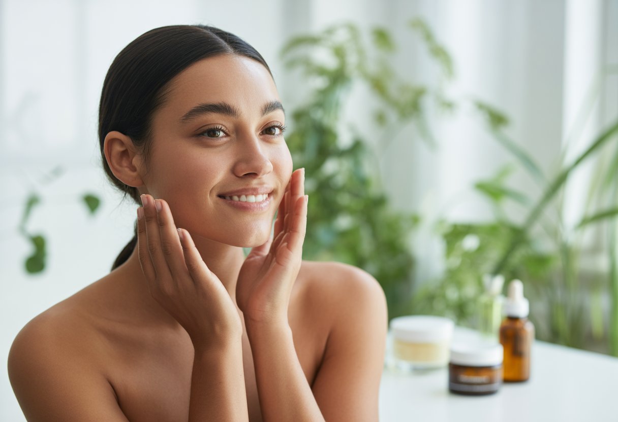 A young woman with glowing skin gently touching her face in a bright room with plants and skincare products nearby.