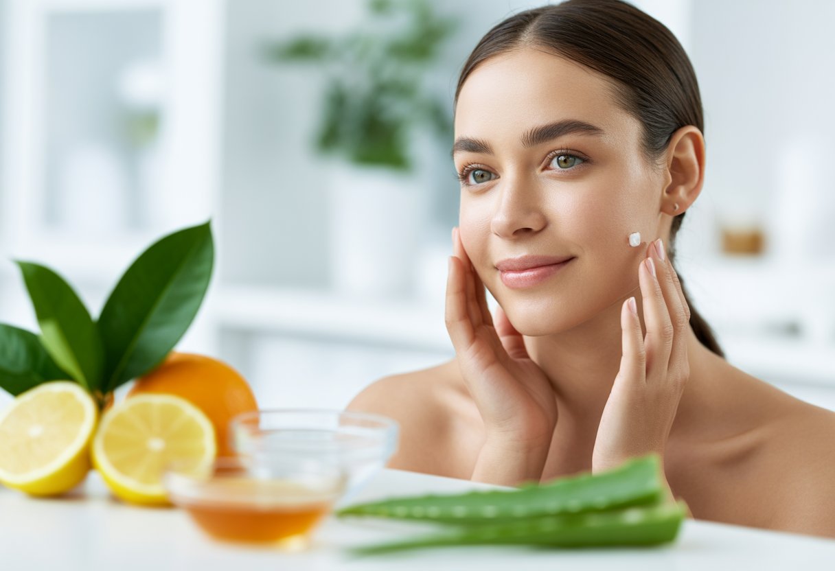 A young woman gently touching her glowing face surrounded by natural skincare ingredients like citrus fruits and aloe vera.