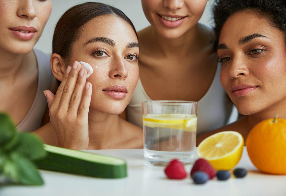 Close-up of people with glowing skin, a woman applying moisturizer, a glass of water with lemon, and fresh fruits and vegetables on a clean surface.