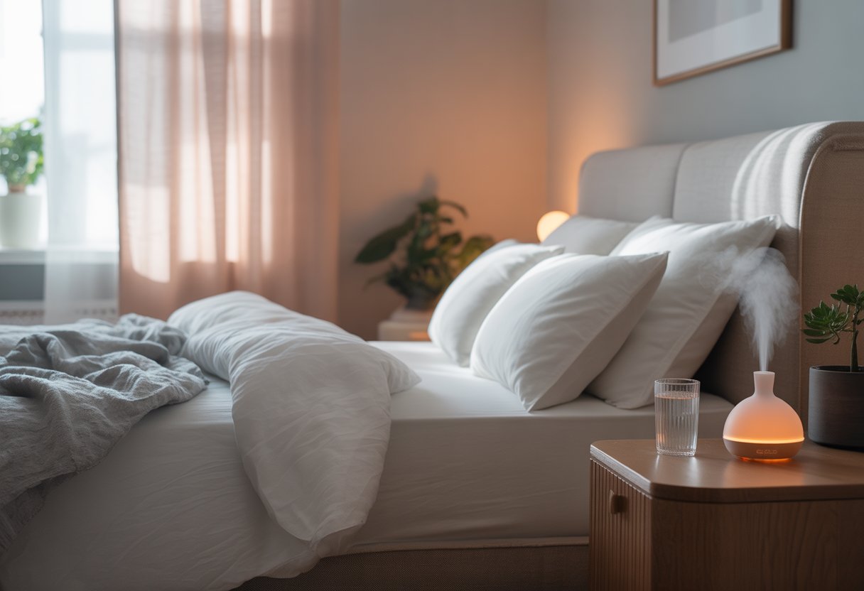 A calm bedroom with a neatly made bed, soft natural light, a bedside table with a plant, water glass, and diffuser, creating a peaceful sleep environment.
