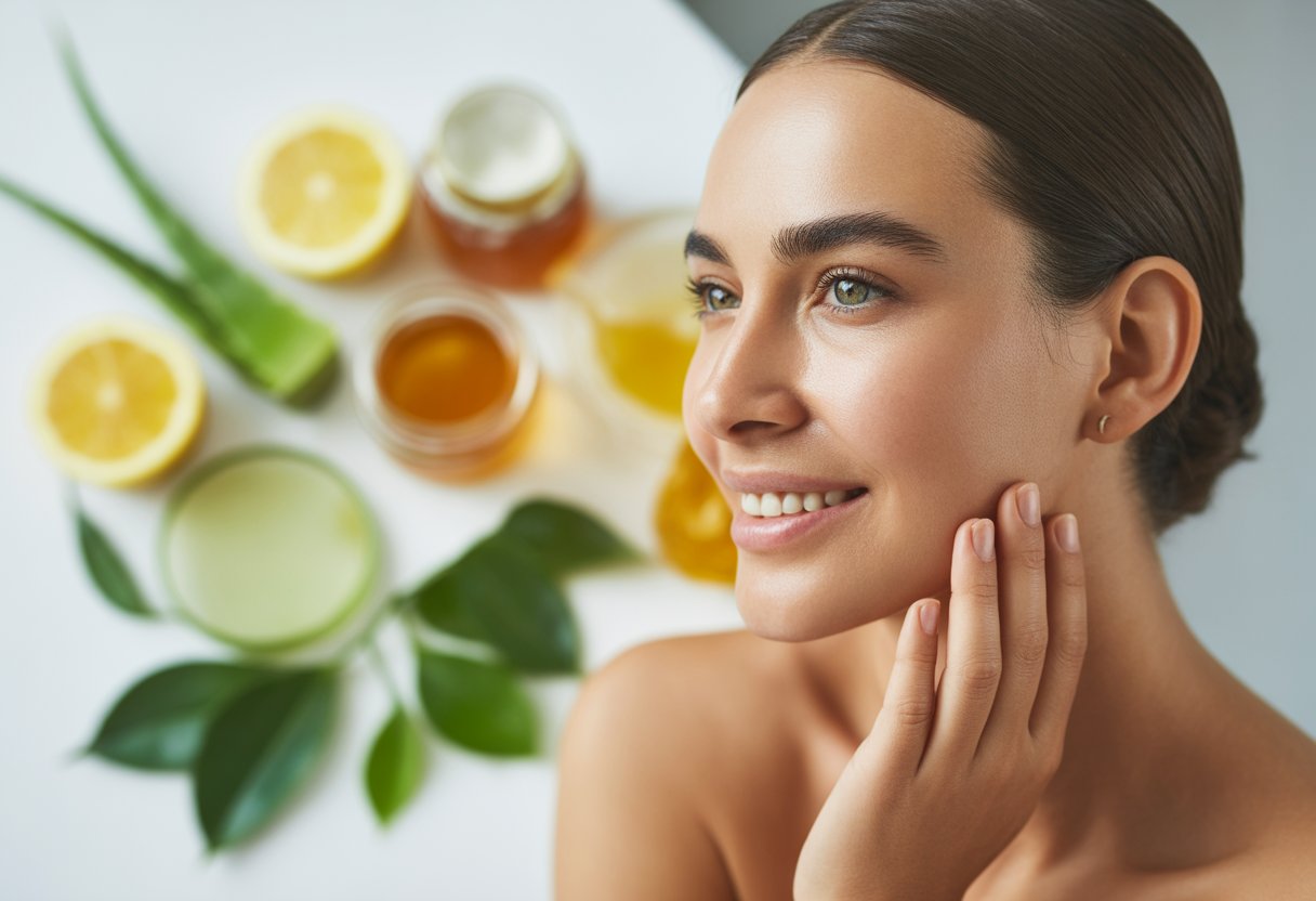 A woman with glowing skin gently touching her cheek surrounded by natural skincare ingredients like lemon slices, honey, aloe vera, and green tea leaves on a white surface.