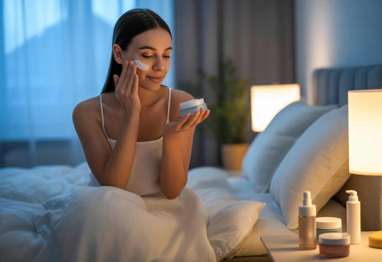A woman applying face cream while sitting on a bed in a softly lit bedroom at night.