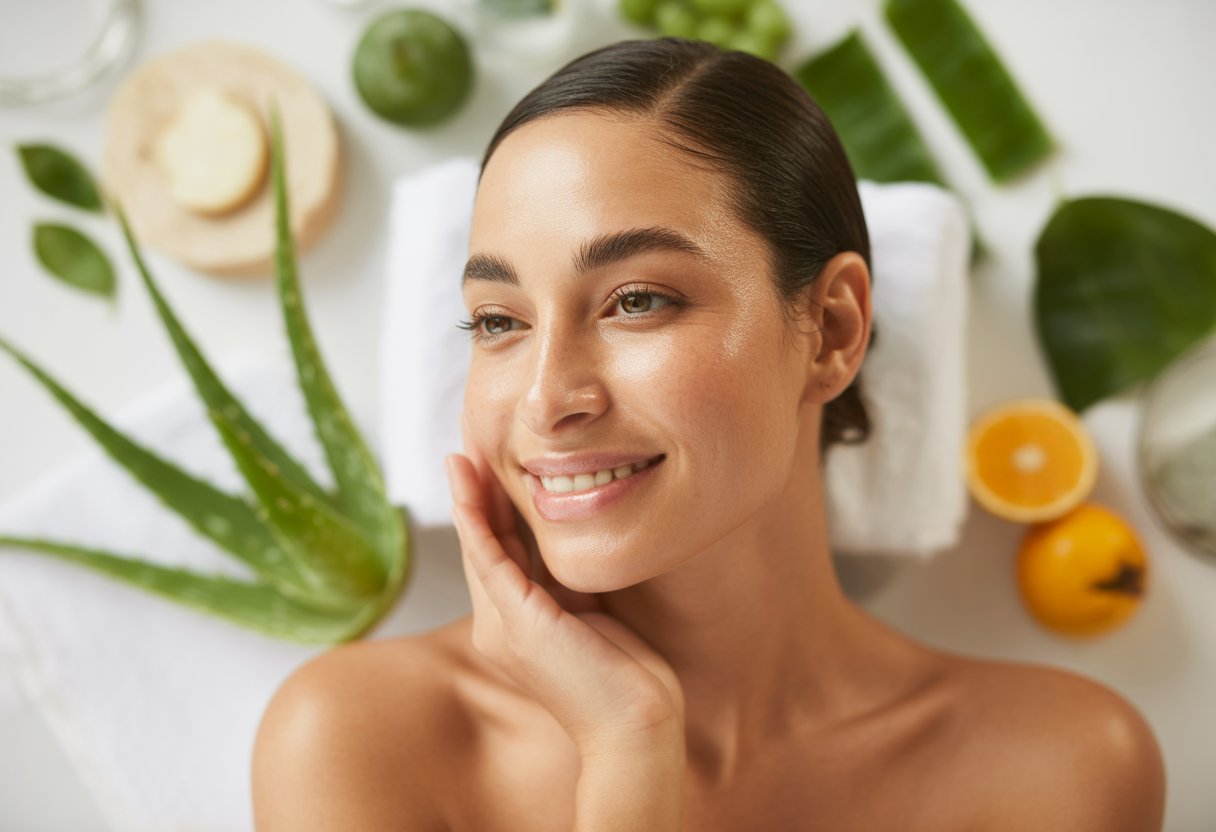 A close-up of a woman with glowing skin gently touching her face, surrounded by natural skincare elements like green leaves and citrus fruits.