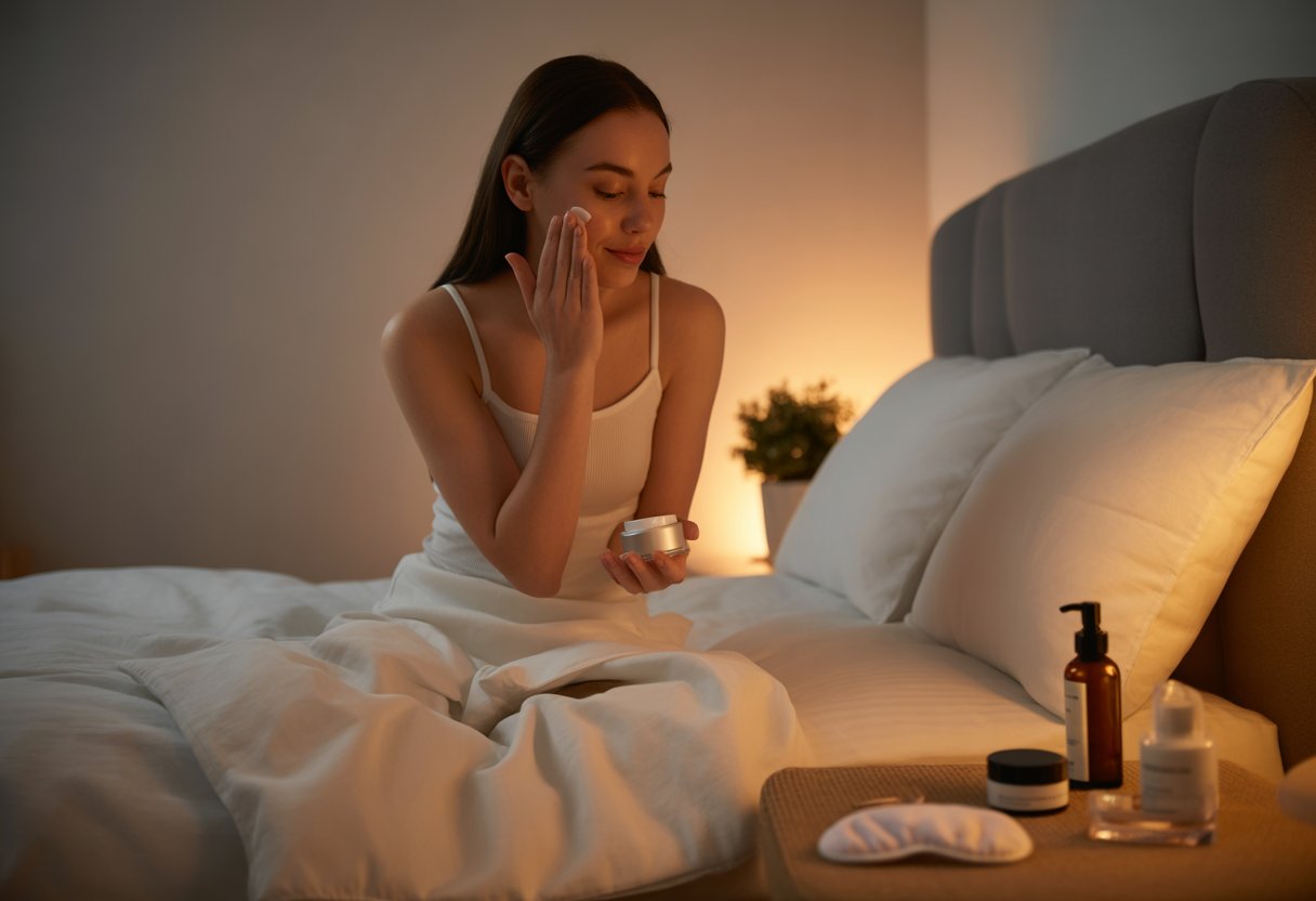 A woman applying skincare on her face while sitting on a bed in a softly lit bedroom with skincare products on the bedside table.