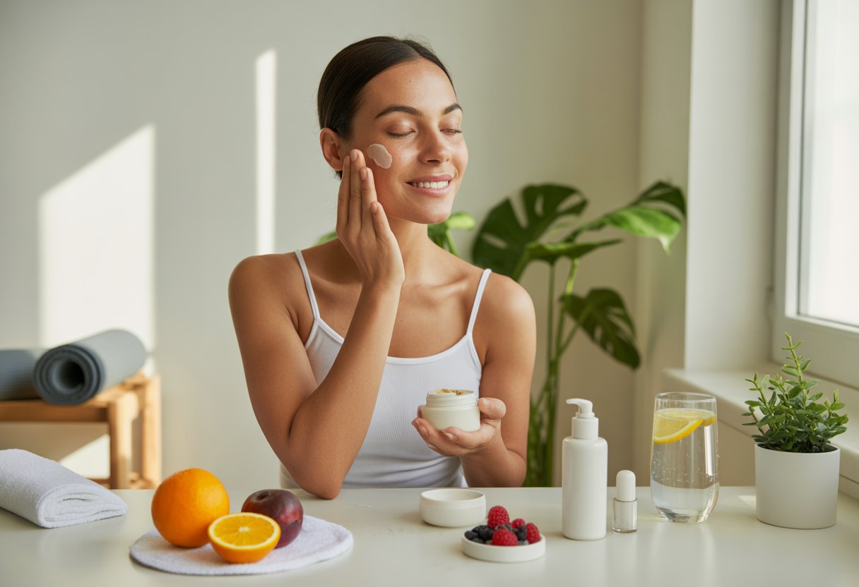 A woman applying facial serum in a bright bathroom with natural light, surrounded by fresh fruits, water, and a plant.