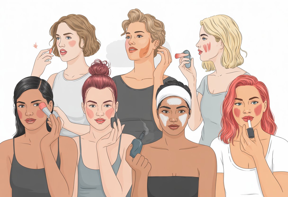 Seven people each practicing a different beauty habit that harms their health, showing signs of skin irritation, discomfort, or unhealthy effects.