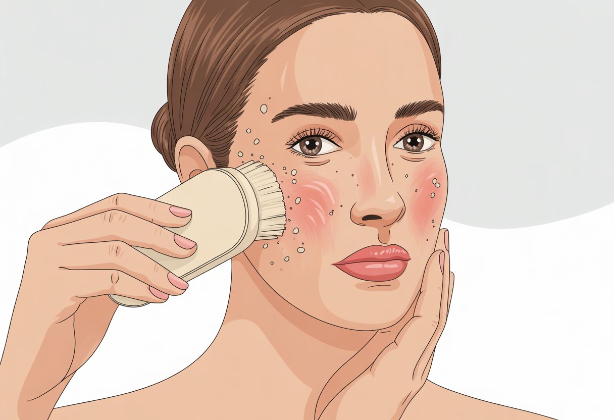 Close-up of a woman's face showing irritated, red, and flaky skin while holding a facial exfoliating scrub.