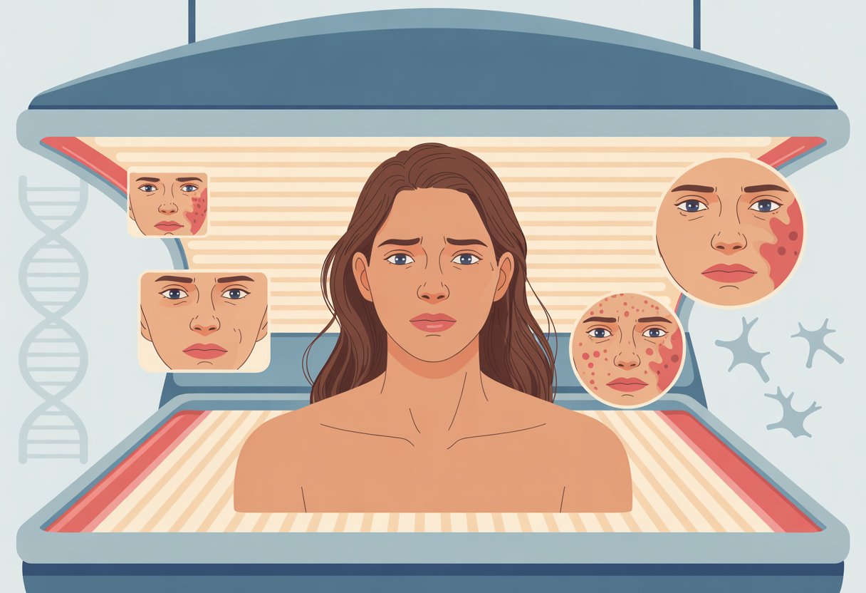 A woman inside a tanning bed with visible signs of skin damage and a concerned expression.