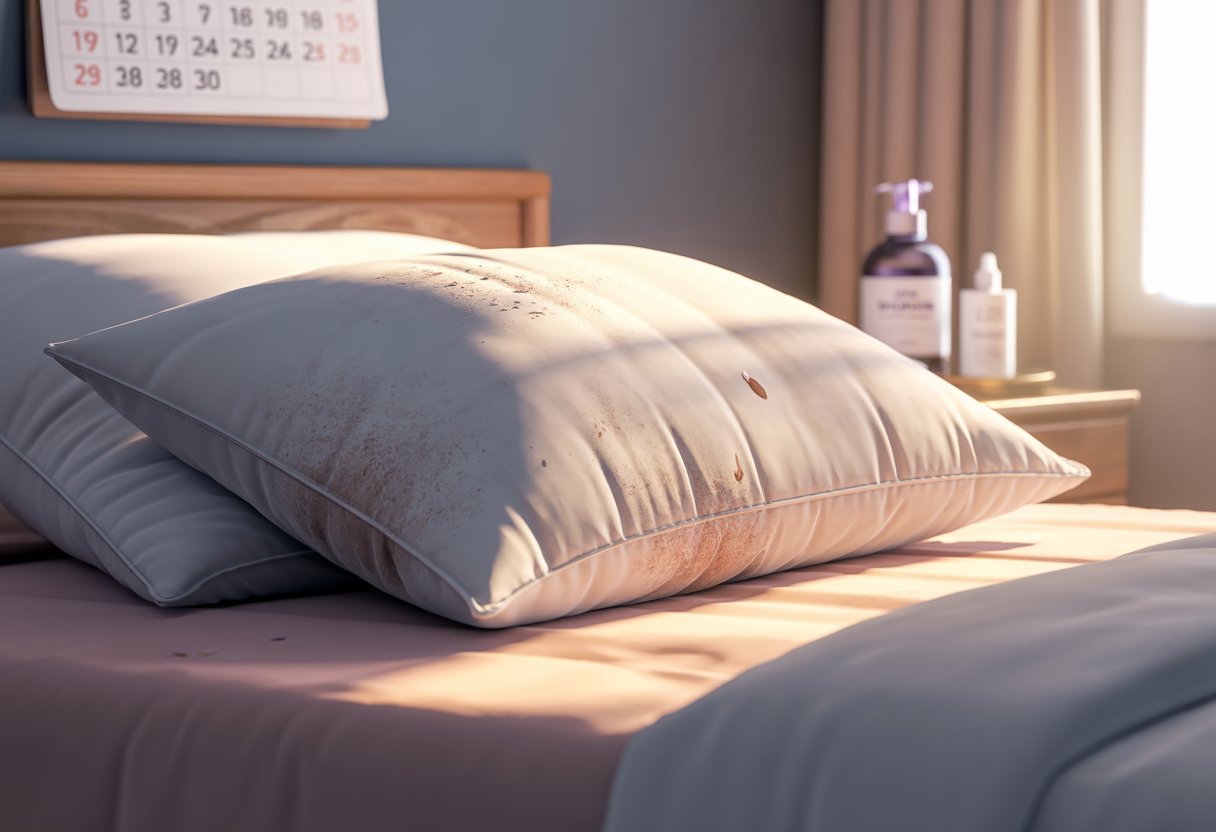 A bedroom scene showing a pillow with dirty pillowcases on a neatly made bed, a calendar on the wall, and a bedside table with skincare products.