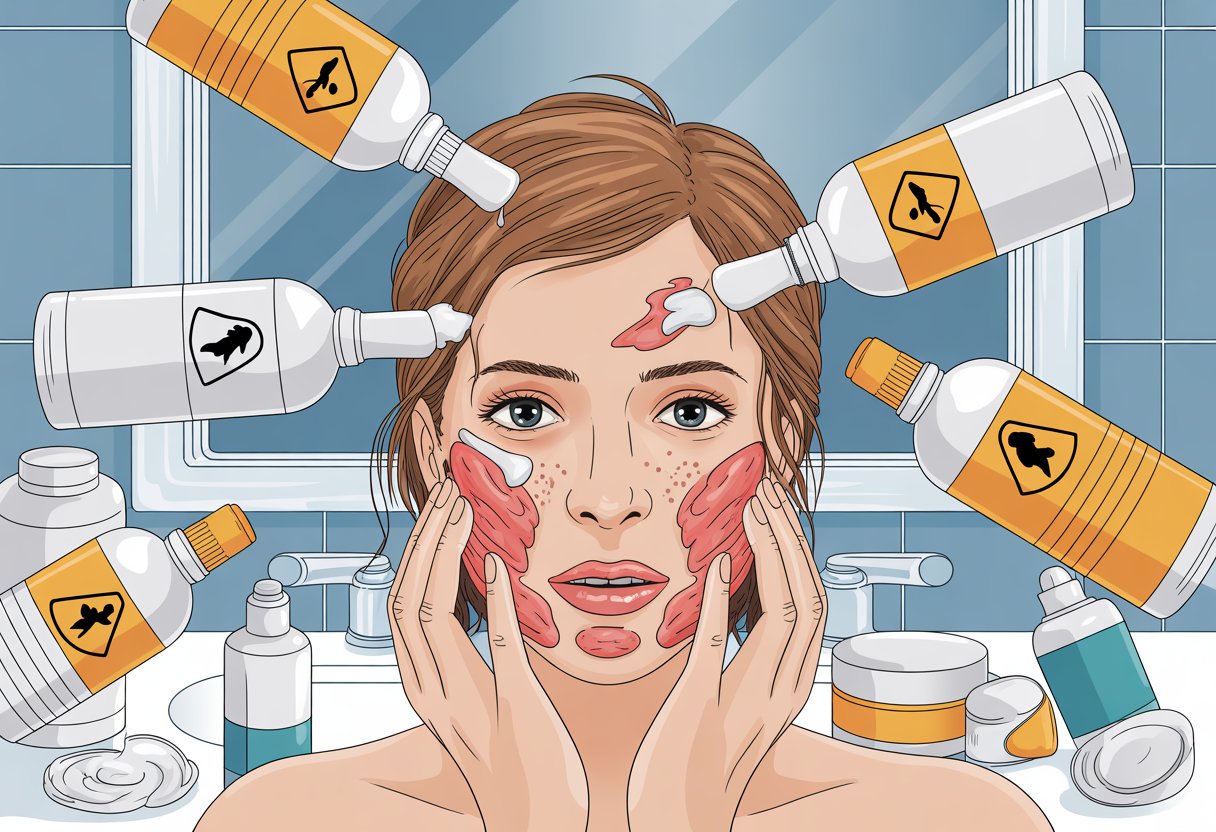 A woman applying skincare products excessively, showing irritated and red skin in a bathroom with many skincare bottles around.