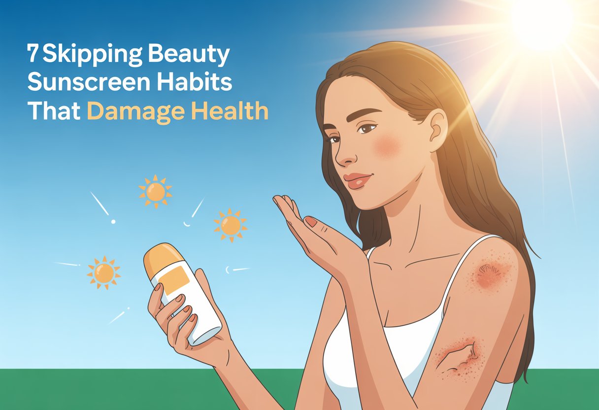 A young woman outdoors in bright sunlight holding a sunscreen bottle but not applying it, with sun rays shining on her exposed skin.