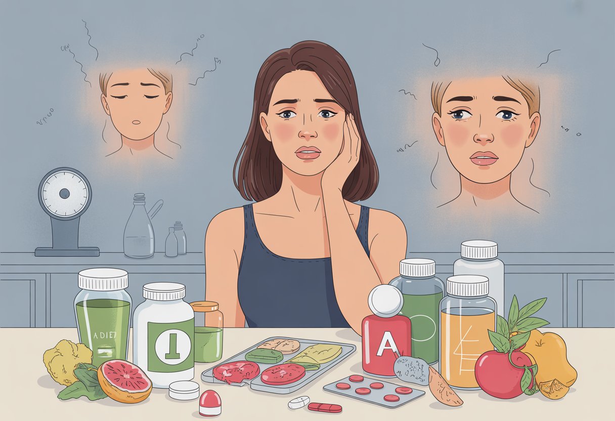 A young woman looks concerned while standing near a table with various fad diet items, showing signs of poor health.