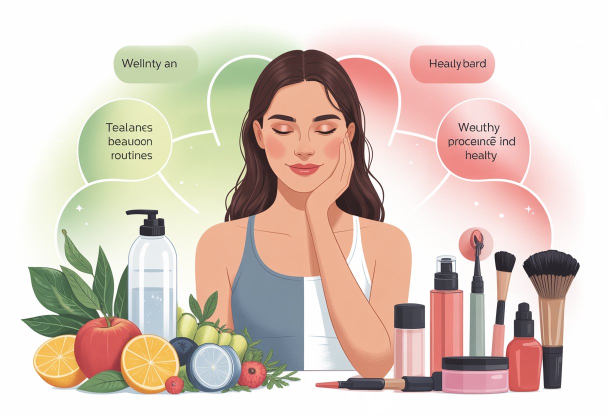 A person thoughtfully balancing natural wellness elements and beauty products, highlighting the importance of prioritizing health while maintaining a beauty routine.