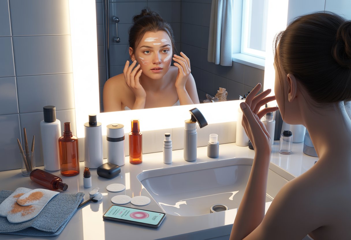 A young woman looking at her face in a bathroom mirror surrounded by scattered skincare products and used cotton pads on the countertop.