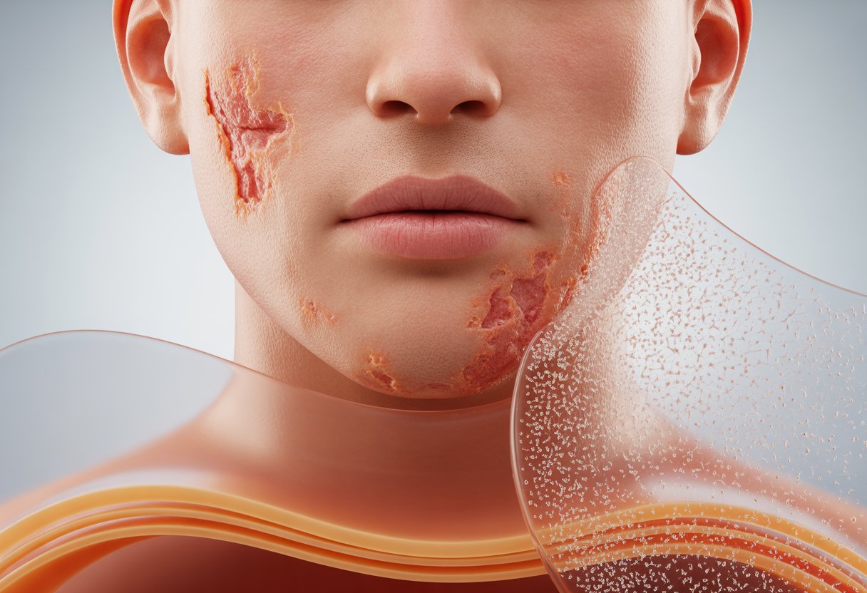 Close-up of a human face showing irritated, flaky skin with layers of the skin barrier peeling away.