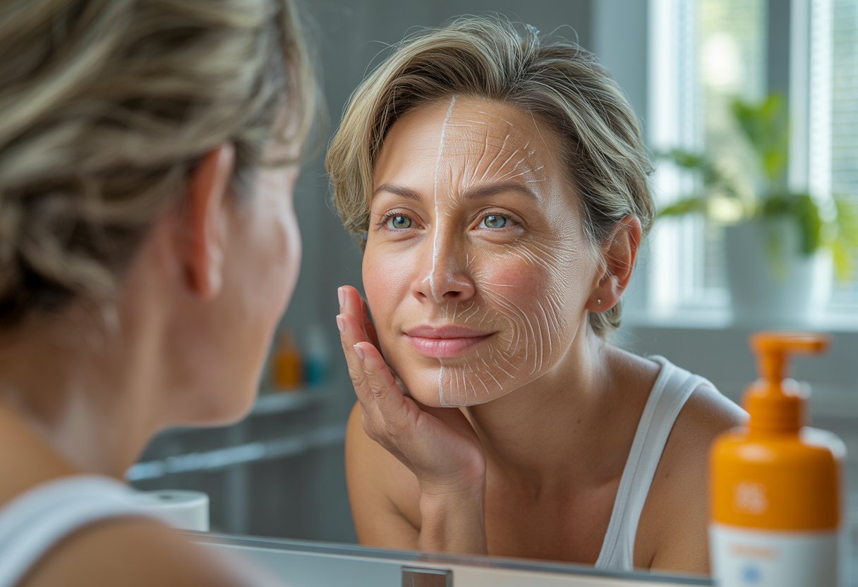 A woman looking in a mirror with one side of her face youthful and the other side showing signs of aging.