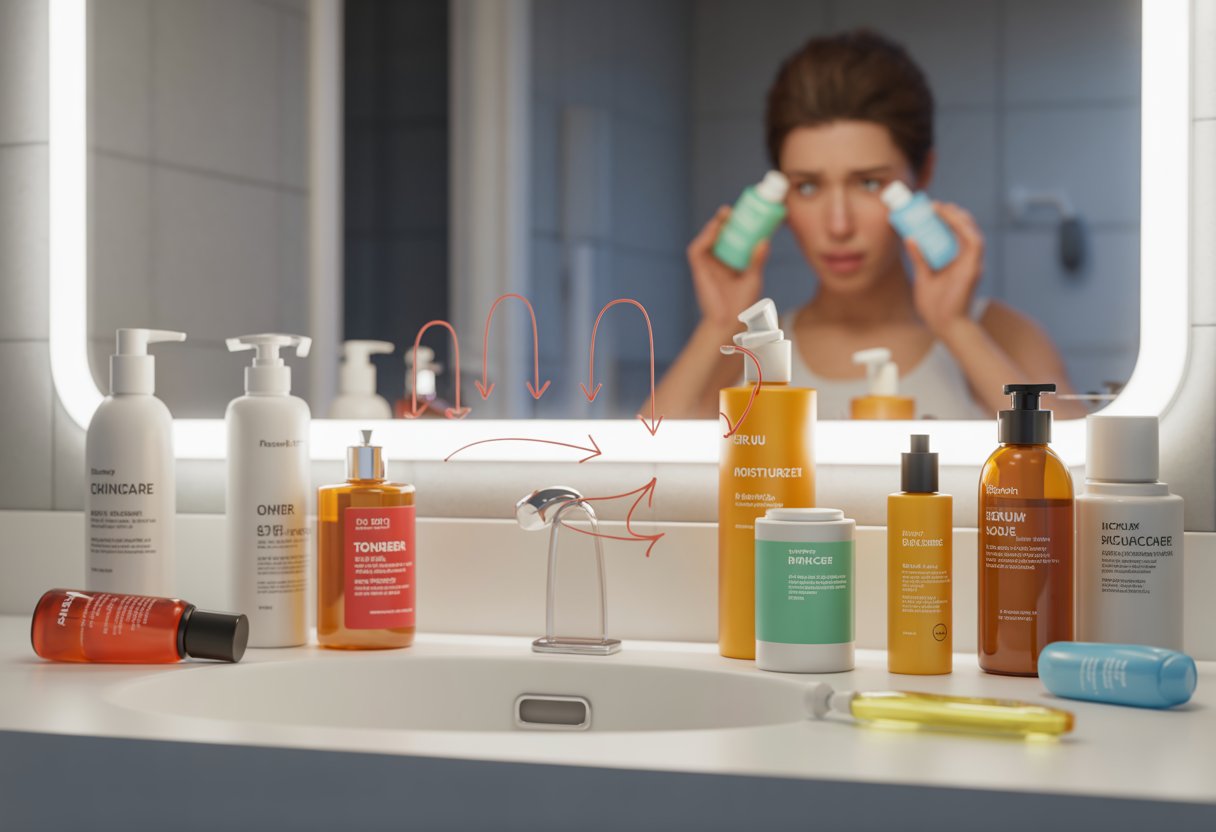 A bathroom countertop with various skincare products scattered randomly and a person looking confused in the mirror.