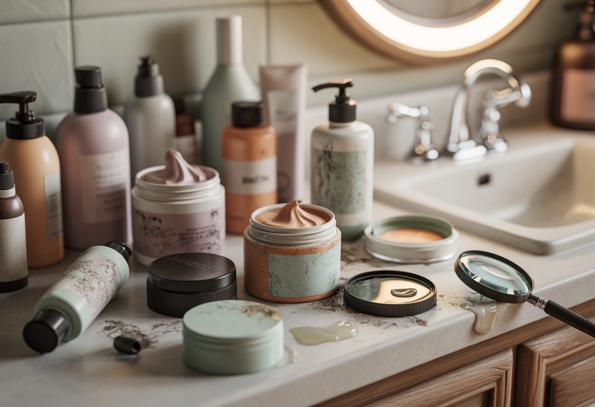 A bathroom countertop with various old and damaged skincare products, including jars and bottles showing signs of contamination.