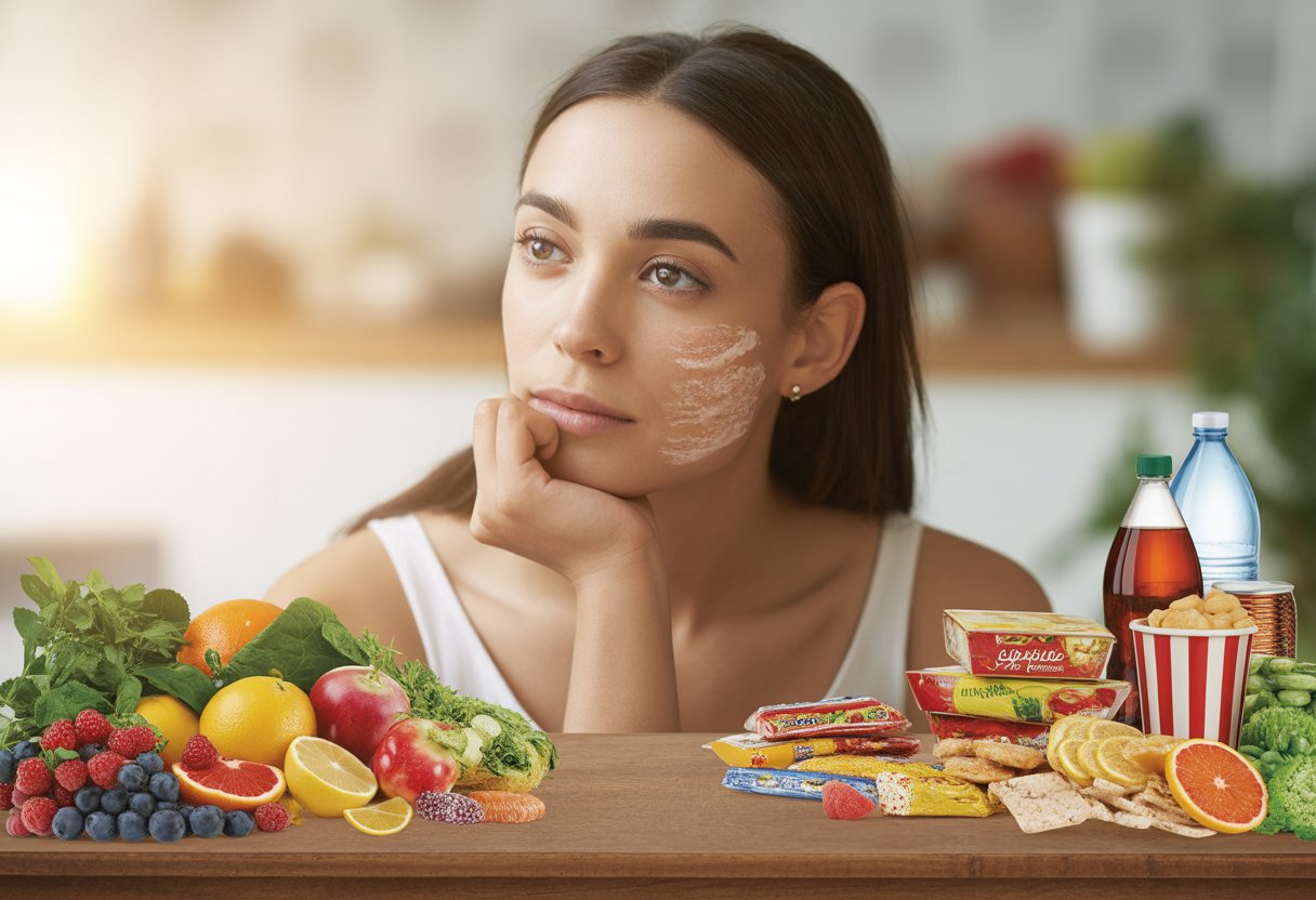 A woman looking at a table with fresh fruits and vegetables on one side and processed foods on the other, showing a contrast in skin appearance.